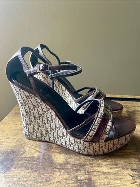 Vintage Dior Brown Monogram Canvas Wedge Sandals